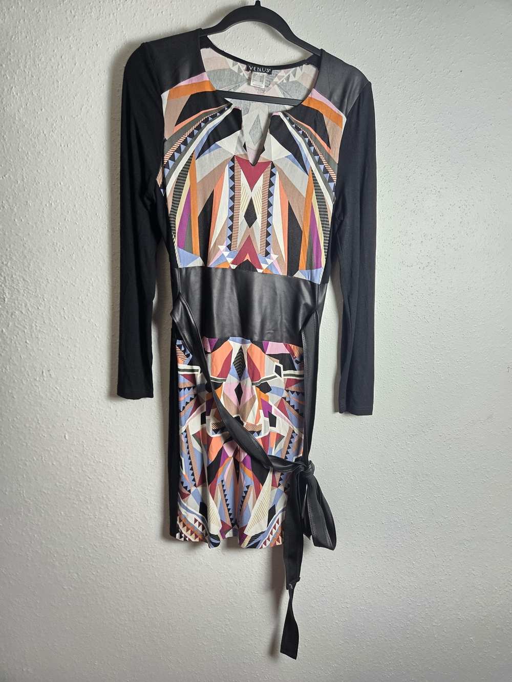 Venus Black Multi-Color Geometric Wrap Dress